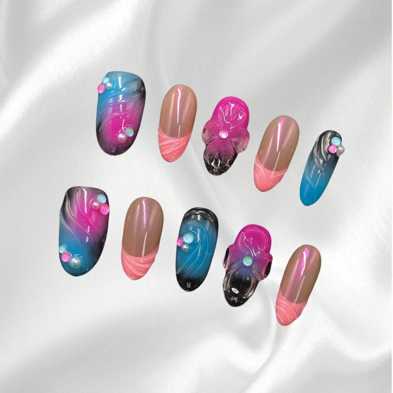 Colorful Gradient Oval Press-On Nails with 3D Flower & Pearl Fake Nail