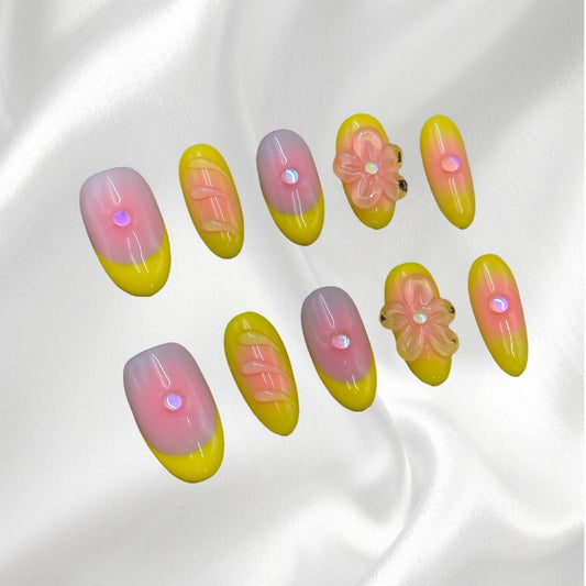Pastel Yellow & Pink Gradient Round Press-On Nails with 3D Flower & Rhinestone Details Cute Fake Nail