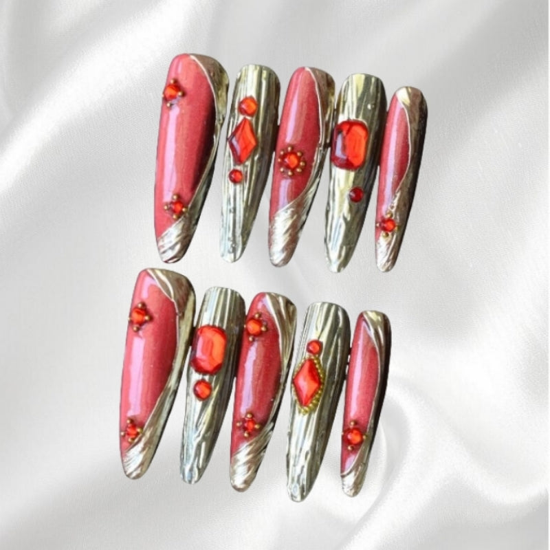 Luxury Red and Gold Press-on Nails with Red Gem Accents Elegant Statement Wearable Nail