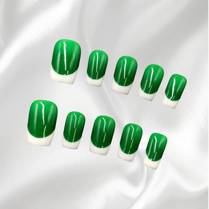 Chic Green and White French Short Square Press-on Nails