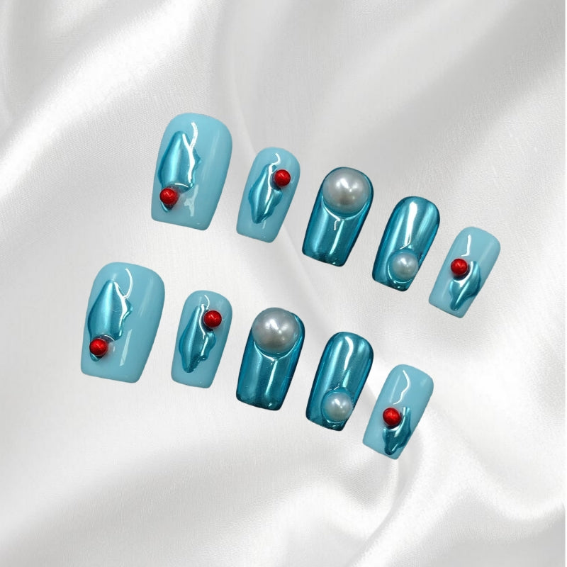 Blue Press-on Nails with Pearl and Red Bead Accents Chic 3D Textured Nail Art