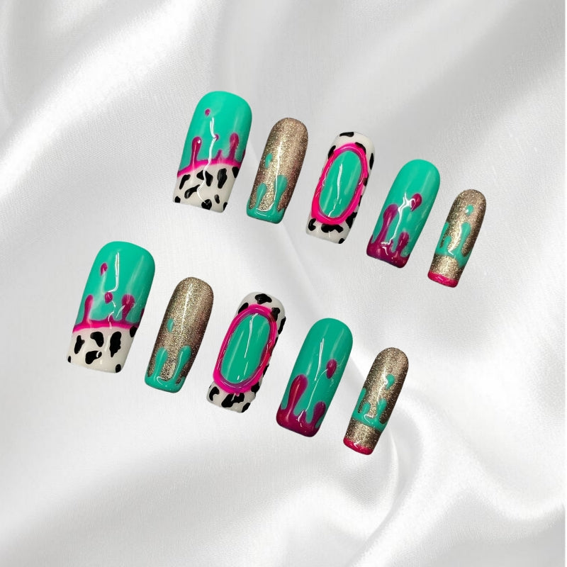 Turquoise and Leopard Print Press-on Nails with Drip Effect Glitter Edgy Trendy Nail Art
