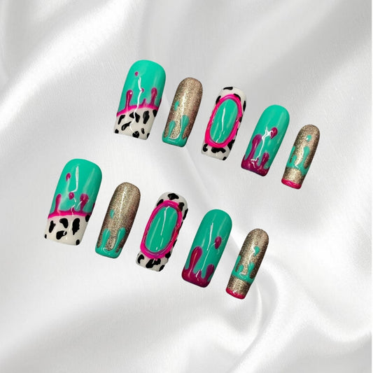 Turquoise and Leopard Print Press-on Nails with Drip Effect Glitter Edgy Trendy Nail Art