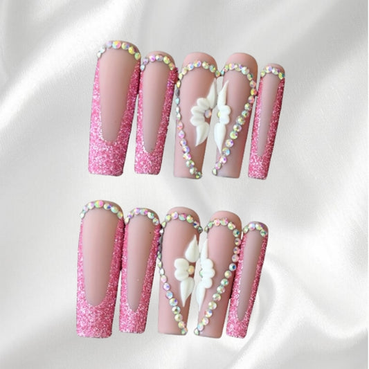 Pink Glitter and Rhinestone Heart Press-on Nails Romantic Luxury Nail Art