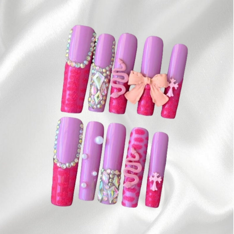 Girly Purple Pink Press-on Nails with 3D Bows Snakes and Rhinestones Y2K Inspired Nail Art