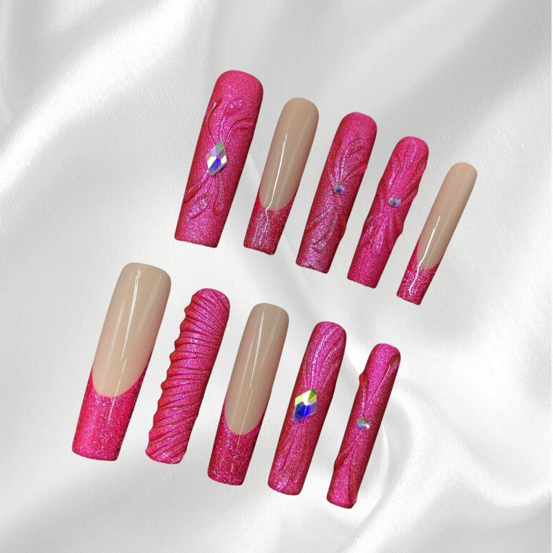 Glam Pink Glitter  Rhinestone Long 3D Press-on Nails Elegant Textured Wearable Nails