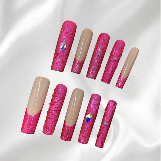 Glam Pink Glitter  Rhinestone Long 3D Press-on Nails Elegant Textured Wearable Nails