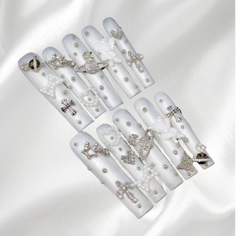 Gothic White Press-on Nails with Rhinestones, Crosses and 3D Charms Edgy Luxury Nail Art