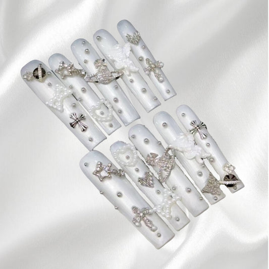 Gothic White Press-on Nails with Rhinestones, Crosses and 3D Charms Edgy Luxury Nail Art