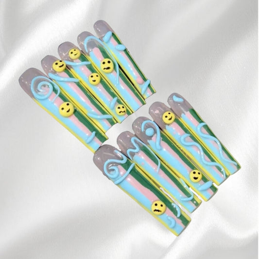 Playful Smiley Face and Striped Press-on Nails Cute Colorful Wearable Nail