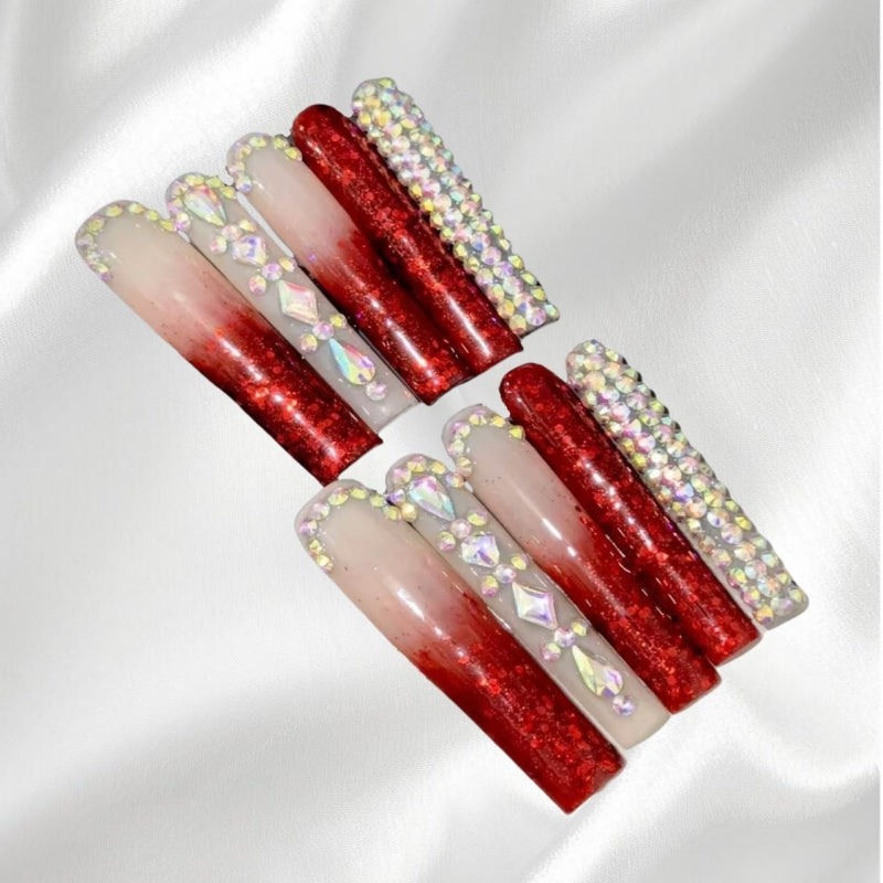 Luxury Red Glitter and Rhinestone Ombre Press-on Nails Elegant Party Nail Art
