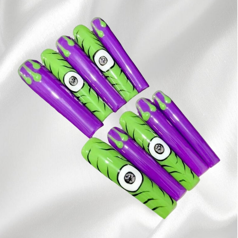Spooky Green and Purple Monster Eye Press - on Nails Halloween-Inspired Nail Art