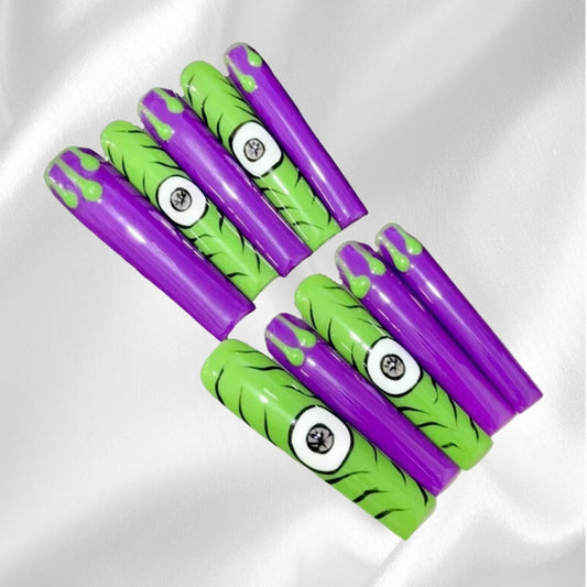 Spooky Green and Purple Monster Eye Press - on Nails Halloween-Inspired Nail Art