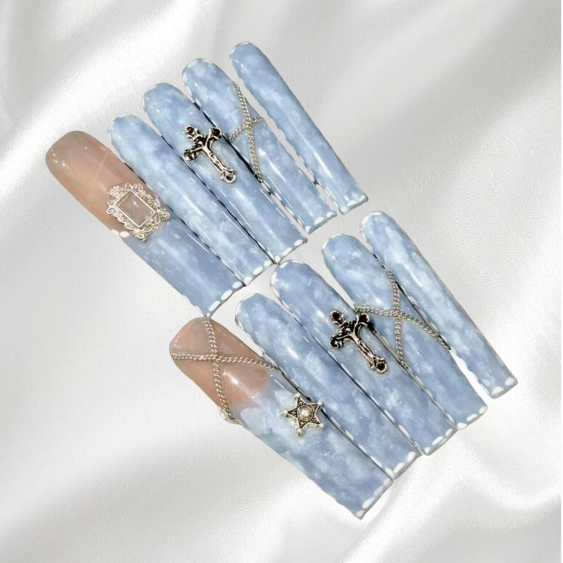 Exquisite Blue and Nude Fake Nails with Cross Star and Chain