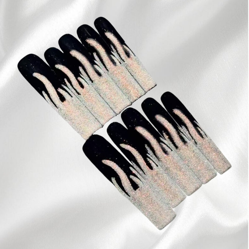 Glamorous Black and Glitter Drip-Effect Square Press-On Nails