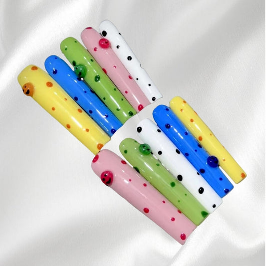 Colorful Polka Dot Wearable Nails with Smile and Bead Accents