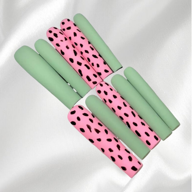 Pink Leopard Print and Mint Green Fake Nails