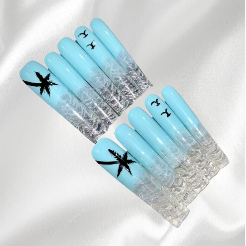 Tropical Sky Wearable Nails with Palm Tree and Seagull Designs Beachy Nail Art