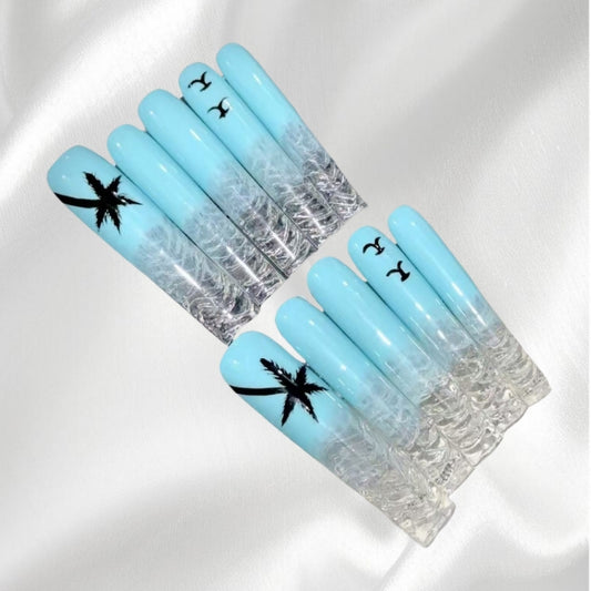Tropical Sky Wearable Nails with Palm Tree and Seagull Designs Beachy Nail Art