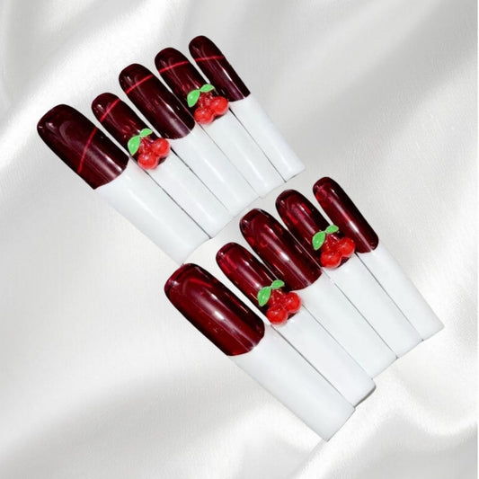 Cherry Accent Burgundy and White Press-On Nails Cute and Chic Fruit Fake Nails