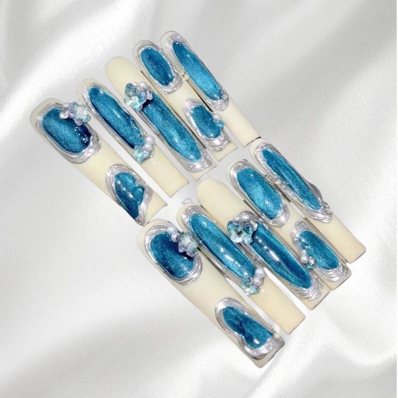 Glamorous Blue Glitter and 3D Crystal Press-On Fake Nails