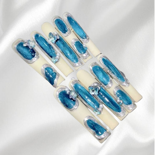 Glamorous Blue Glitter and 3D Crystal Press-On Fake Nails