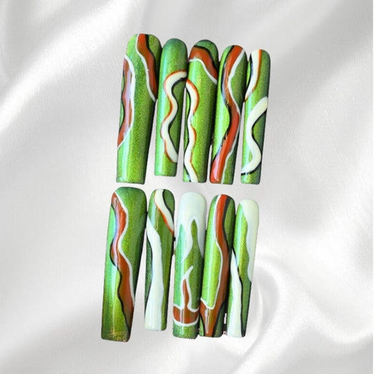 Green Swirl long square Press-On Nails with Brown and White Accents