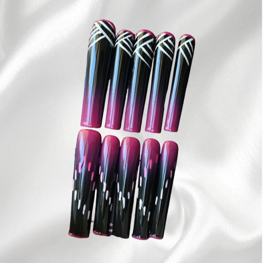Gradient Pink & Black Wearable Nails Long Square Fake Nail