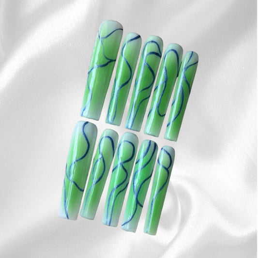 Gradient Green Press-On Nails with Blue Swirl Patterns Fake Nail