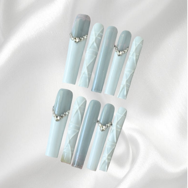 Elegant Ombre Square Press-On Nails with Rhinestone for Party and Wedding