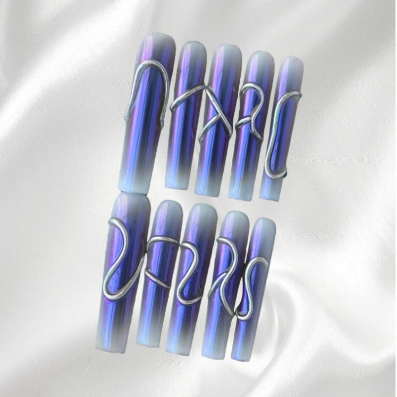 Holographic Blue Sqaure Wearable Nails with Silver Wire Accents Futuristic Fake Nail