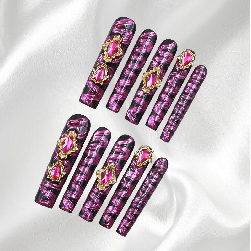 Luxury Pink Swirl Square Press-On Nails with Gem & Gold Accents Opulent Fake Nail