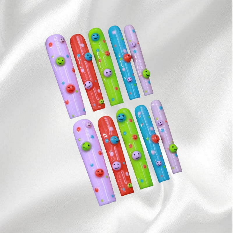 Colorful Smile Face Long Square Wearable Nail Party Style