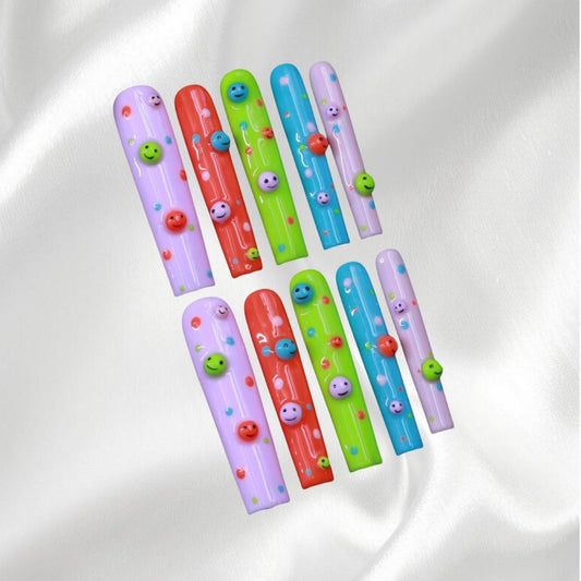 Colorful Smile Face Long Square Wearable Nail Party Style