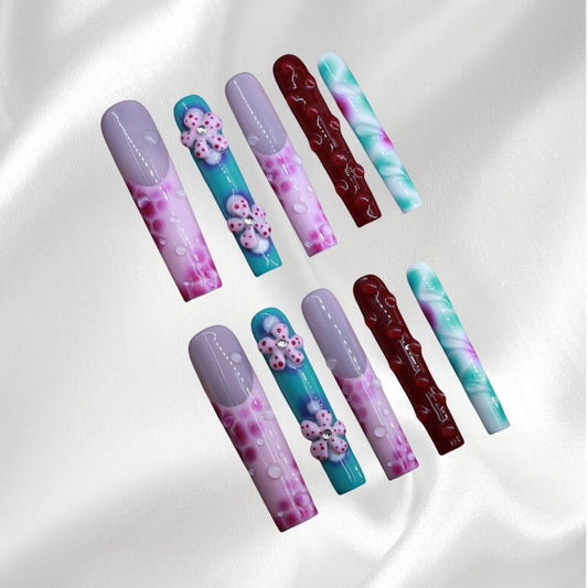 Floral & Gradient Square Press-On Nails with 3D Flower and Bubble Details