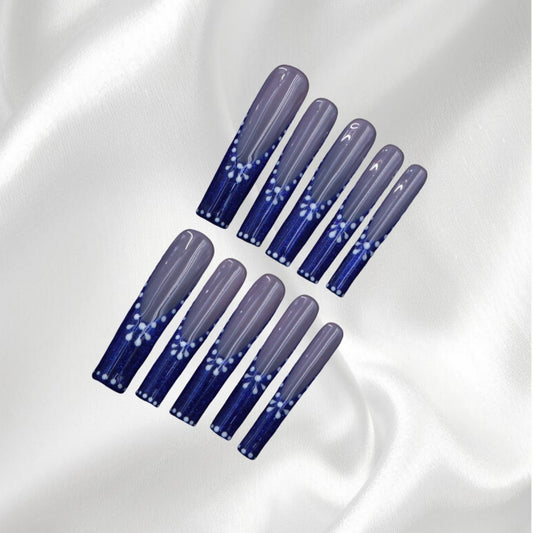 Gradient Blue Square Press-On Nails with White Floral Patterns Square Fake Nail