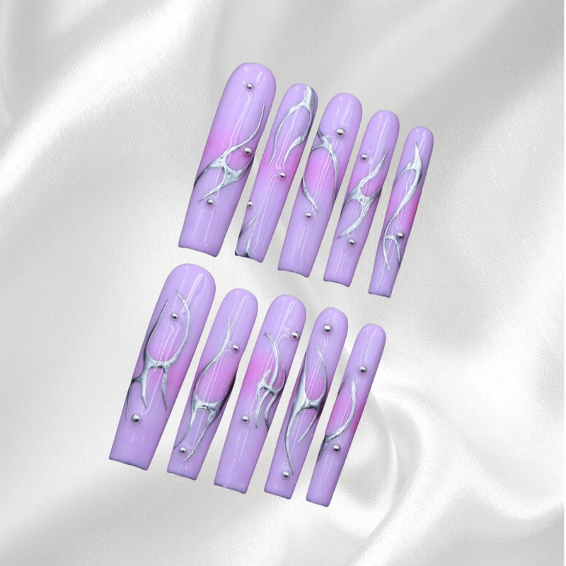 Purple Gradient Long Square Press-On Nails with Silver Accents & Studs