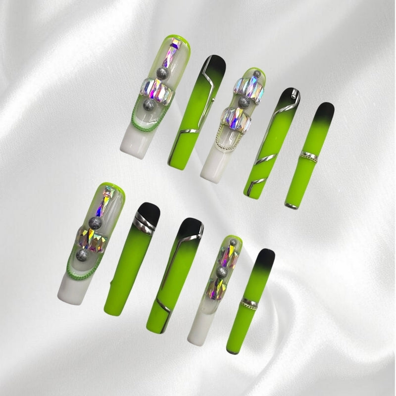 Neon Green Gradient Square Fake Nails with Rhinestone & Metal Accents