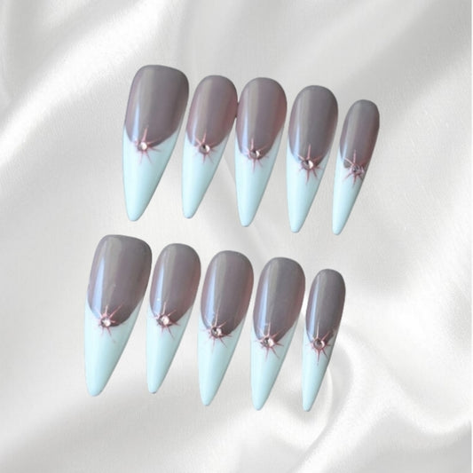 Ombre French Long Stiletto Press-on Nails with Rhinestone Accents