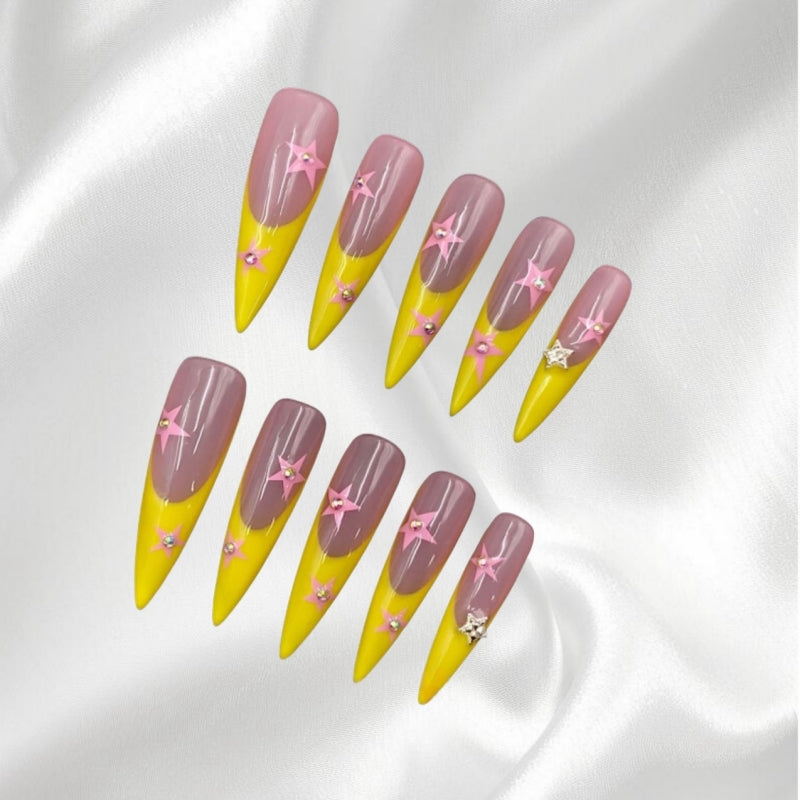 Star Decorated Pink & Yellow Ombre Long Stiletto Press-on Nails