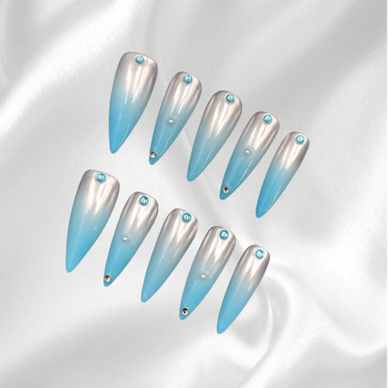 Silver & Blue Ombre Stiletto Press-on Nails with Rhinestone Accents