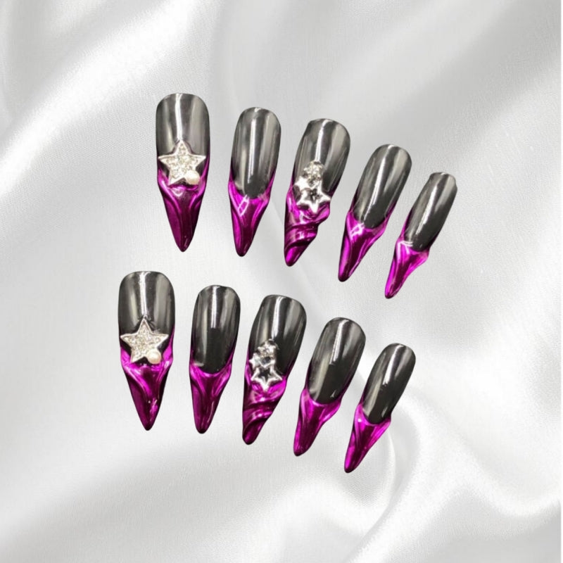 Glam Metallic Black & Magenta Stiletto Press-on Nails with Star Rhinestone Accents