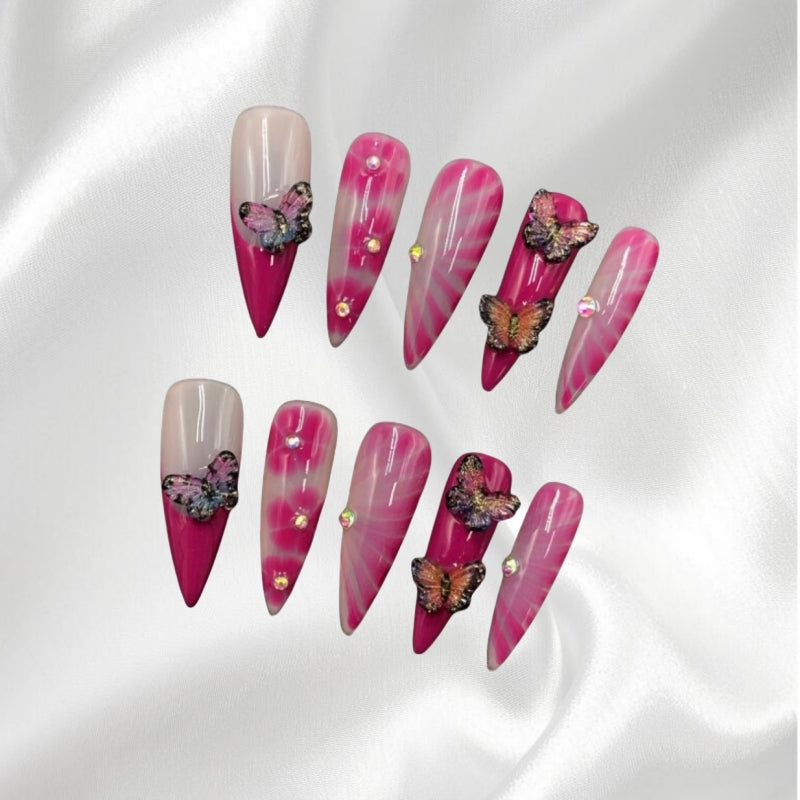 Pink Gradient Stiletto Press-on Nails with 3D Butterfly & Rhinestone Accents