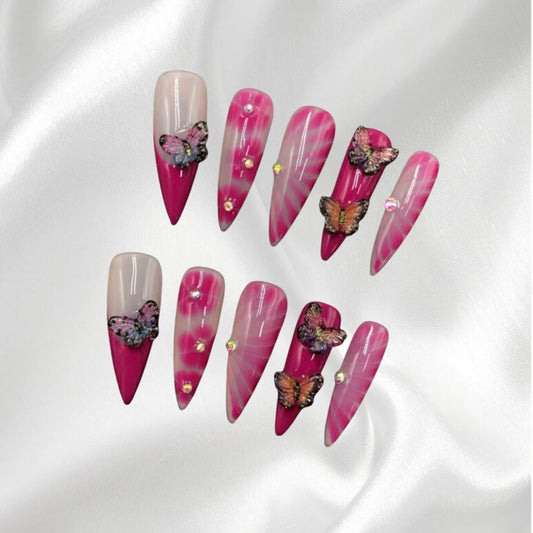 Pink Gradient Stiletto Press-on Nails with 3D Butterfly & Rhinestone Accents