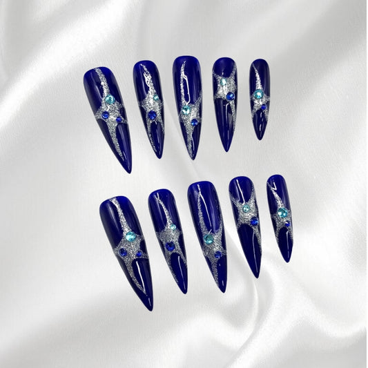 Royal Blue Stiletto Press-on Nails with Silver Glitter and Rhinestone Accents