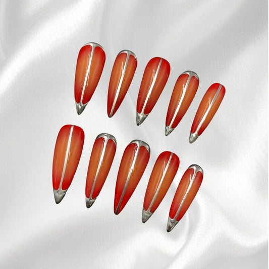 Orange Gradient Stiletto Press-on Nails with Silver Metallic Accents