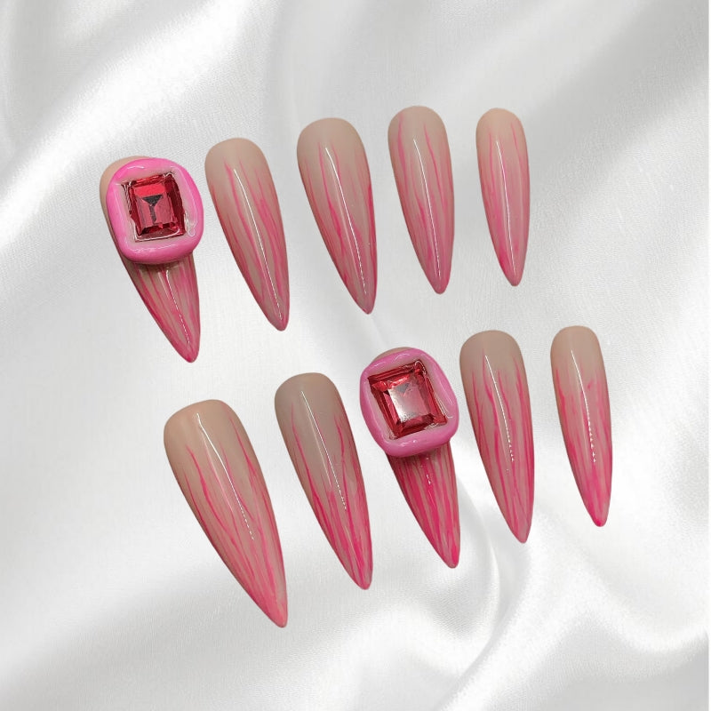 Pink Gradient Stiletto Press-on Nails with Red Gemstone Accents