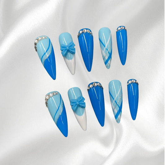 Blue Gradient Stiletto Press-on Nails with Rhinestone & Bow Accents
