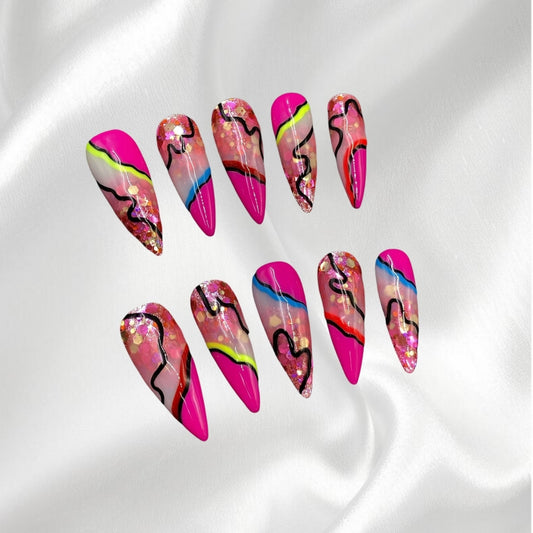 Neon Pink & Glitter Abstract Wave Stiletto Press-on Nails