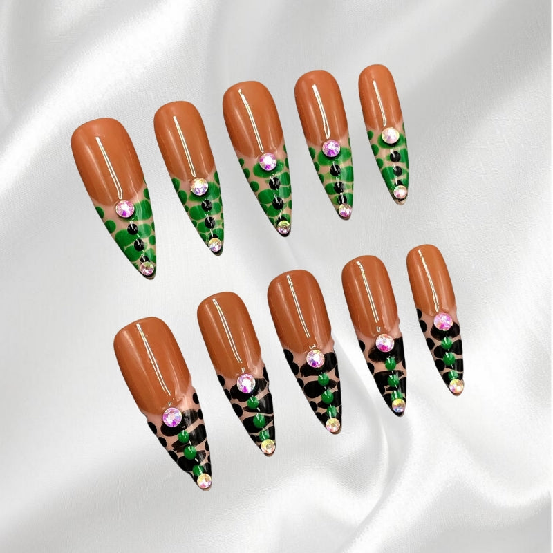 Brown with Green Leopard Print & Rhinestone Stiletto Press-on Nails